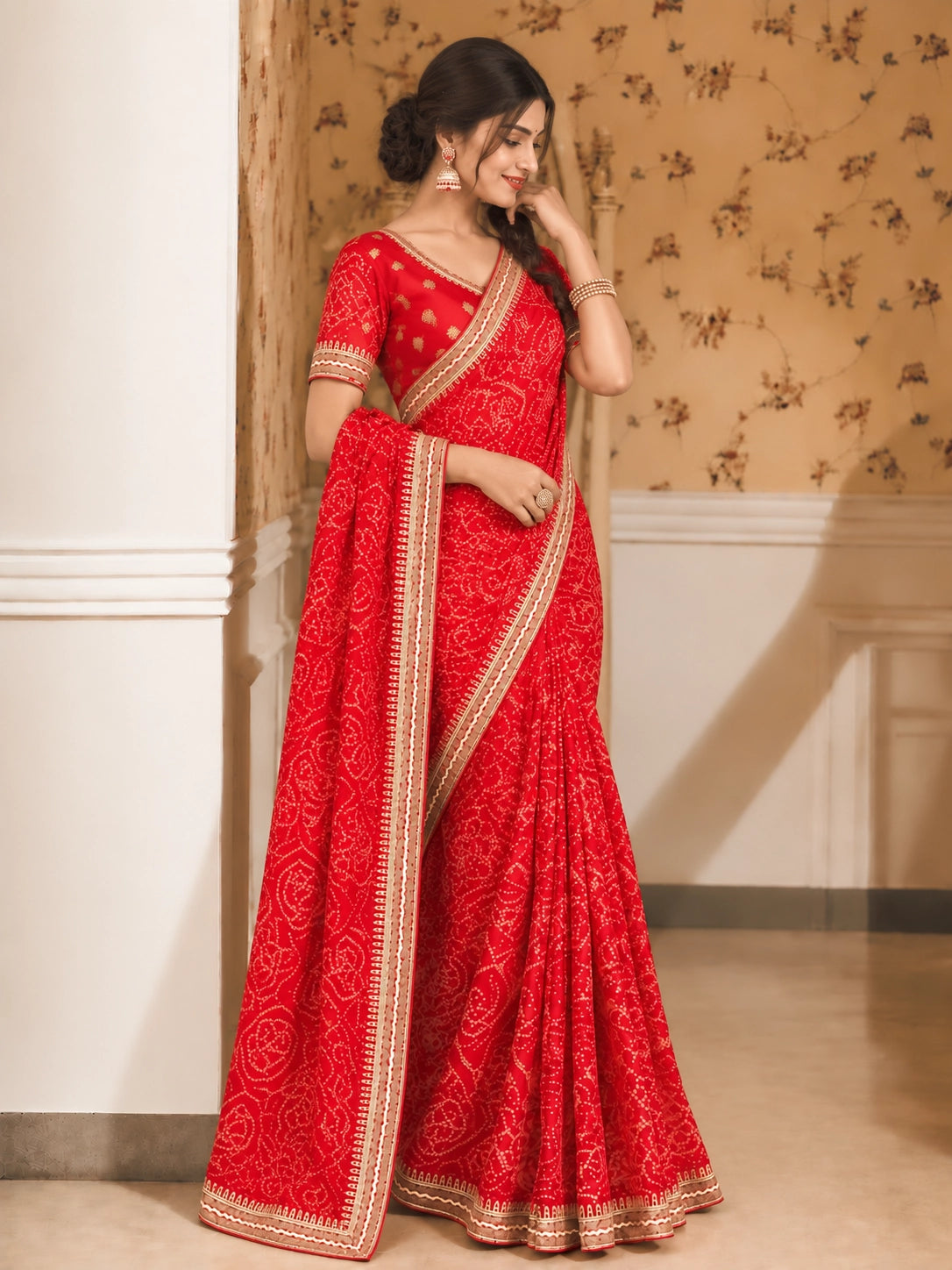 Red Printed Saree with Intricate Zari Border