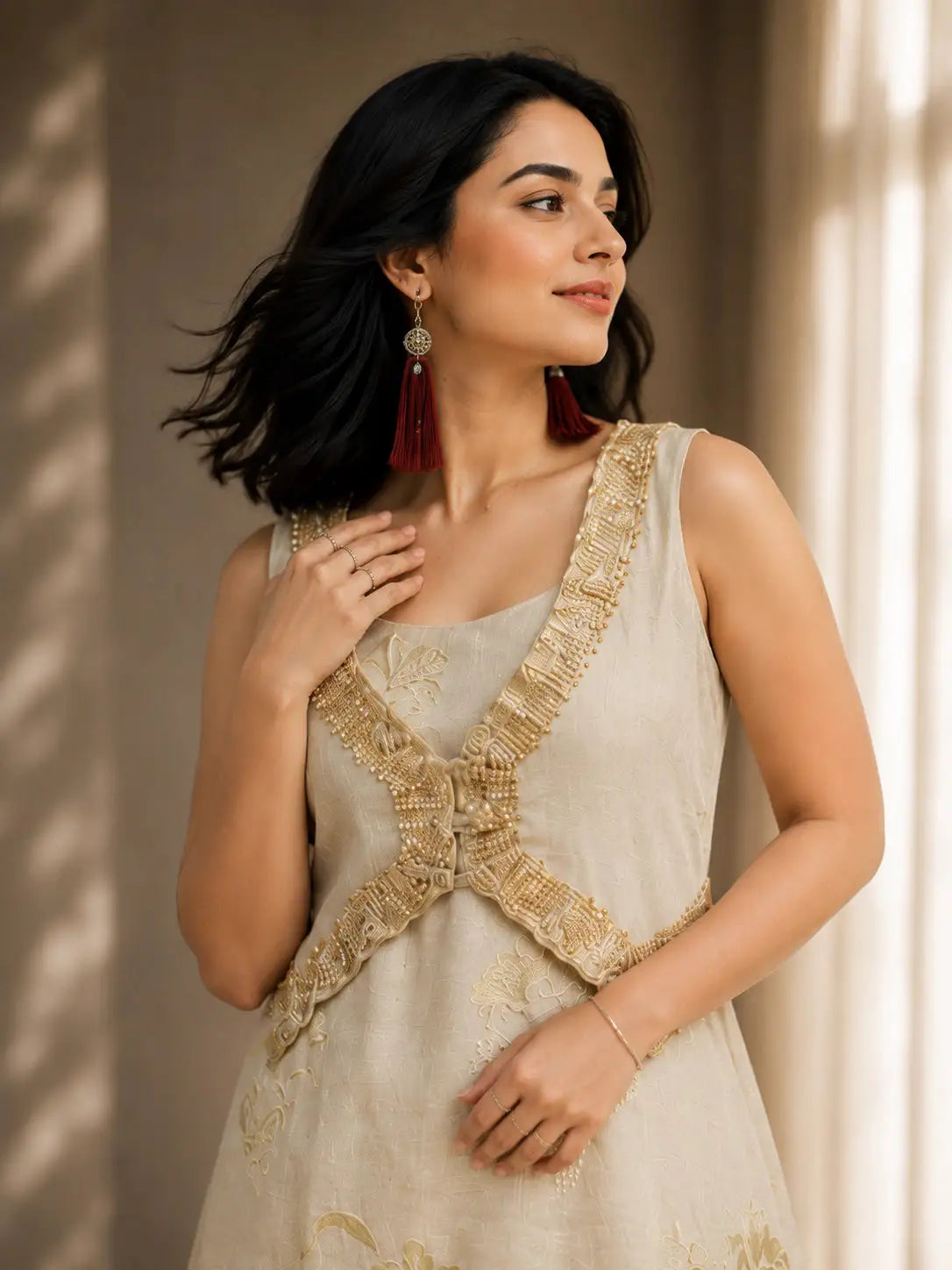 Beige Embroidered A-Line Kurta Set with Straight Pants