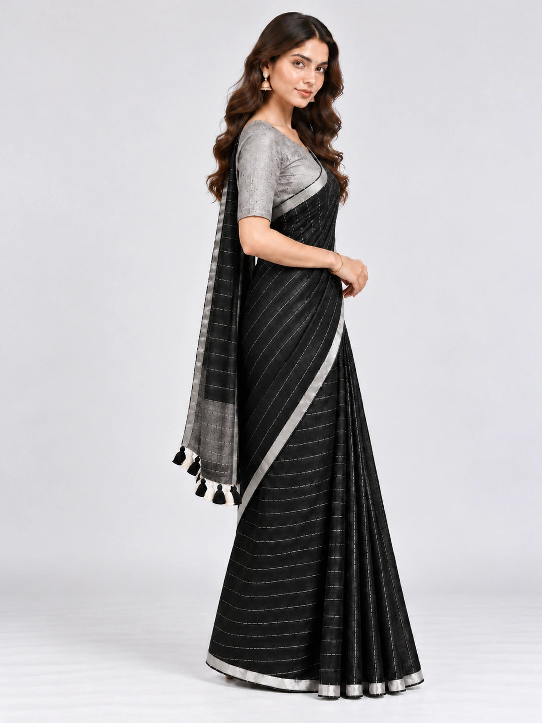 Striped Woven Saree with Metallic Border & Tassel Pallu | Elegant Ethnic Saree