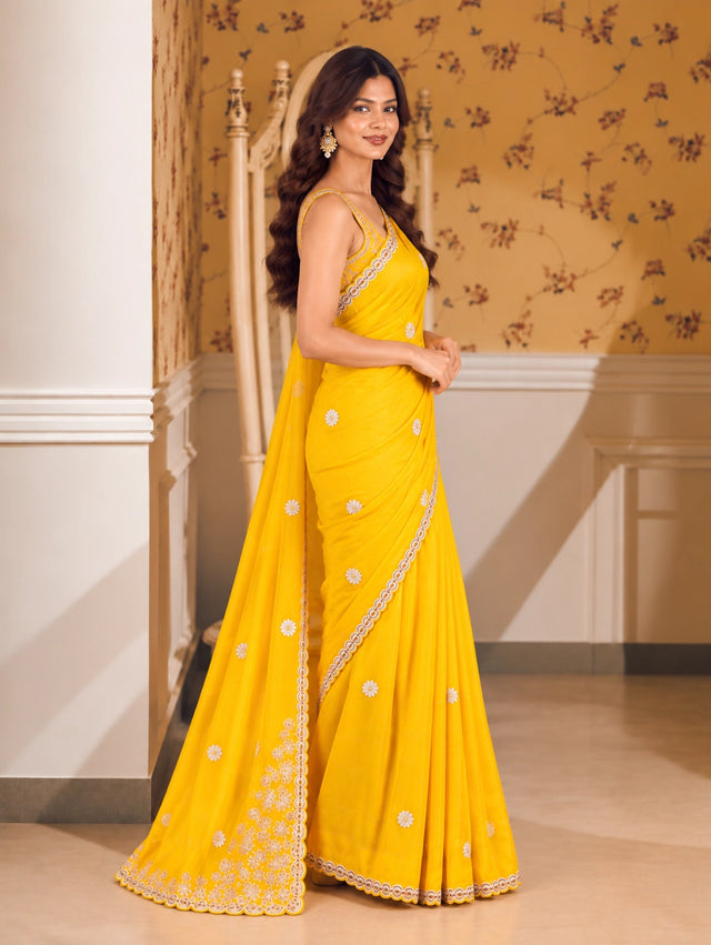 Mustard Embroidered Saree with Elegant Lace Border