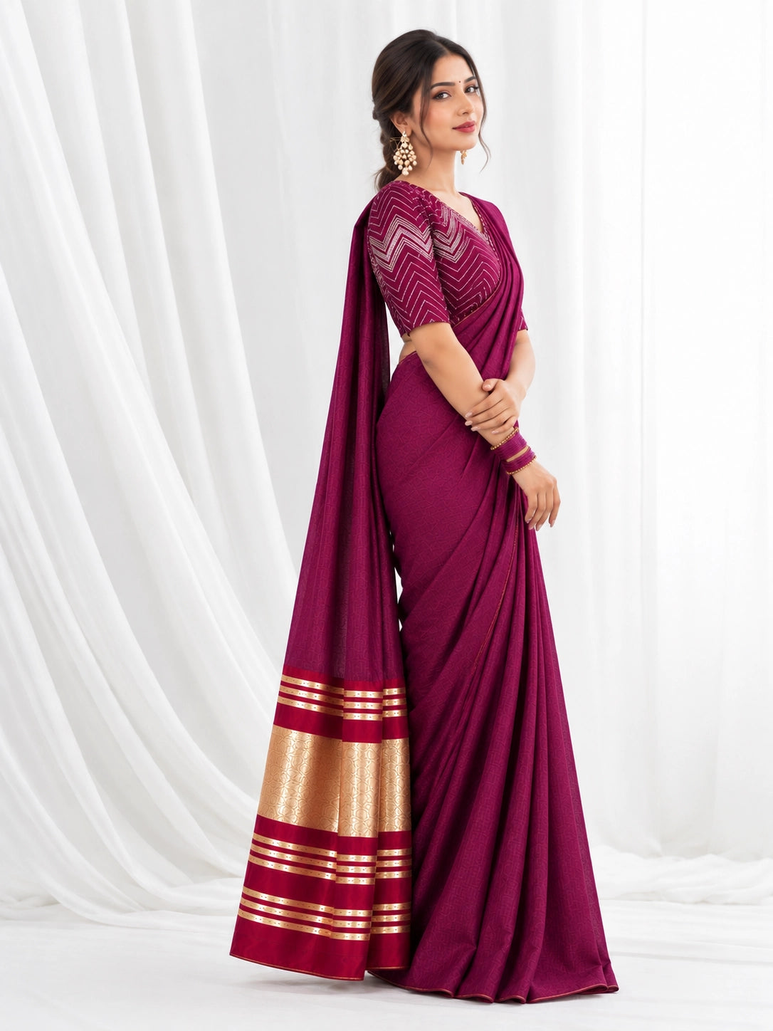 Designer Saree with Embroidered Border & Matching Blouse