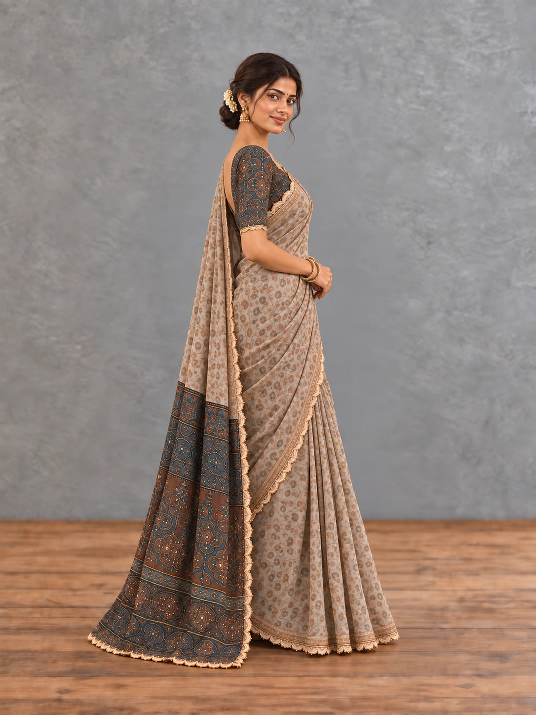 Grey Floral Printed Saree with Navy Blue Designer Border