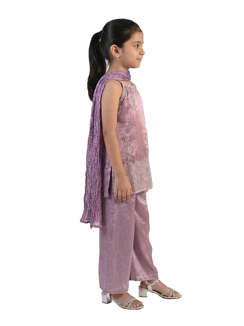 purple embroidered co ord set for girls with dupatta and pants organza silk festive kids outfit