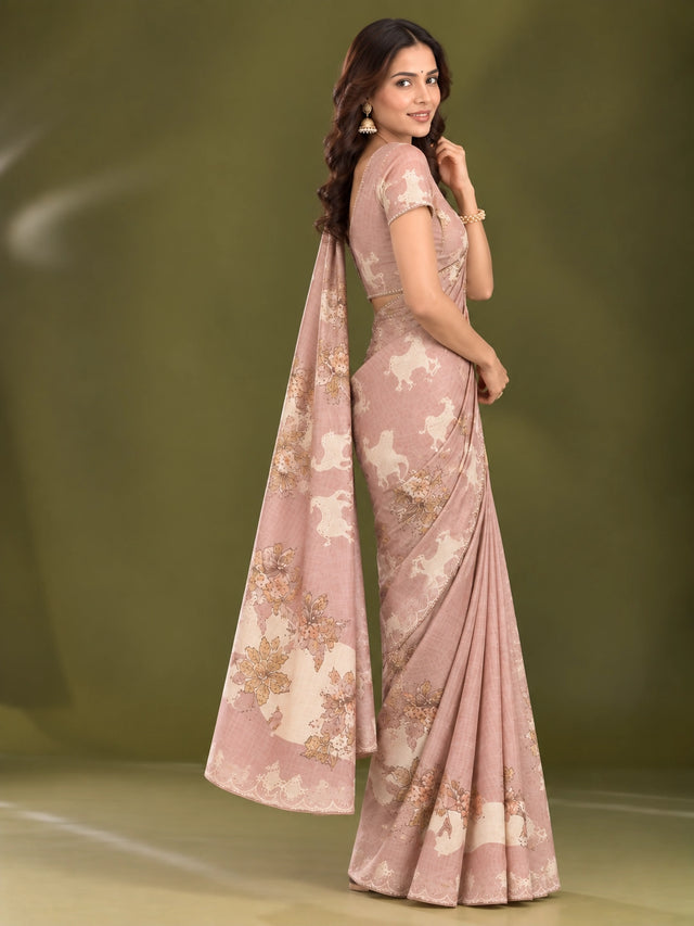 Elegant  Peach Floral Saree with Shimmering Golden Blouse
