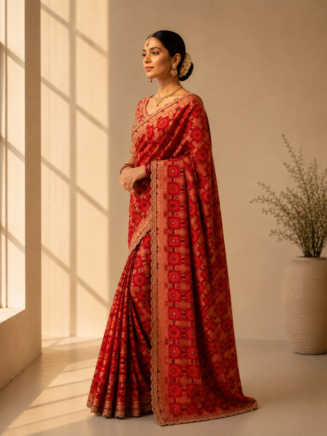 Brown Designer Printed Saree with Lace Border | Festive & Wedding Wear Saree