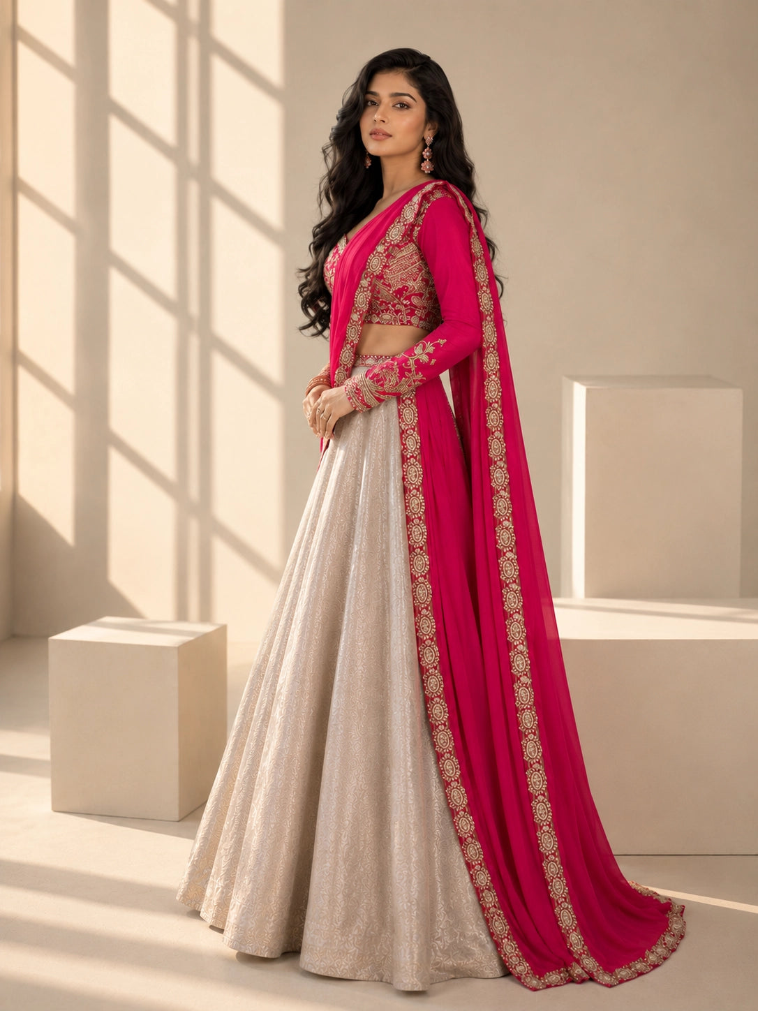 Rani Pink Embroidered Lehenga Set with Champagne Gold Skirt & Dupatta