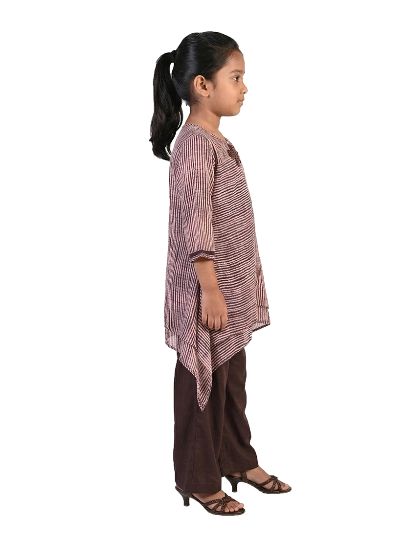 brown striped co ord set for girls with asymmetrical top and pants cotton slub casual kids outfit