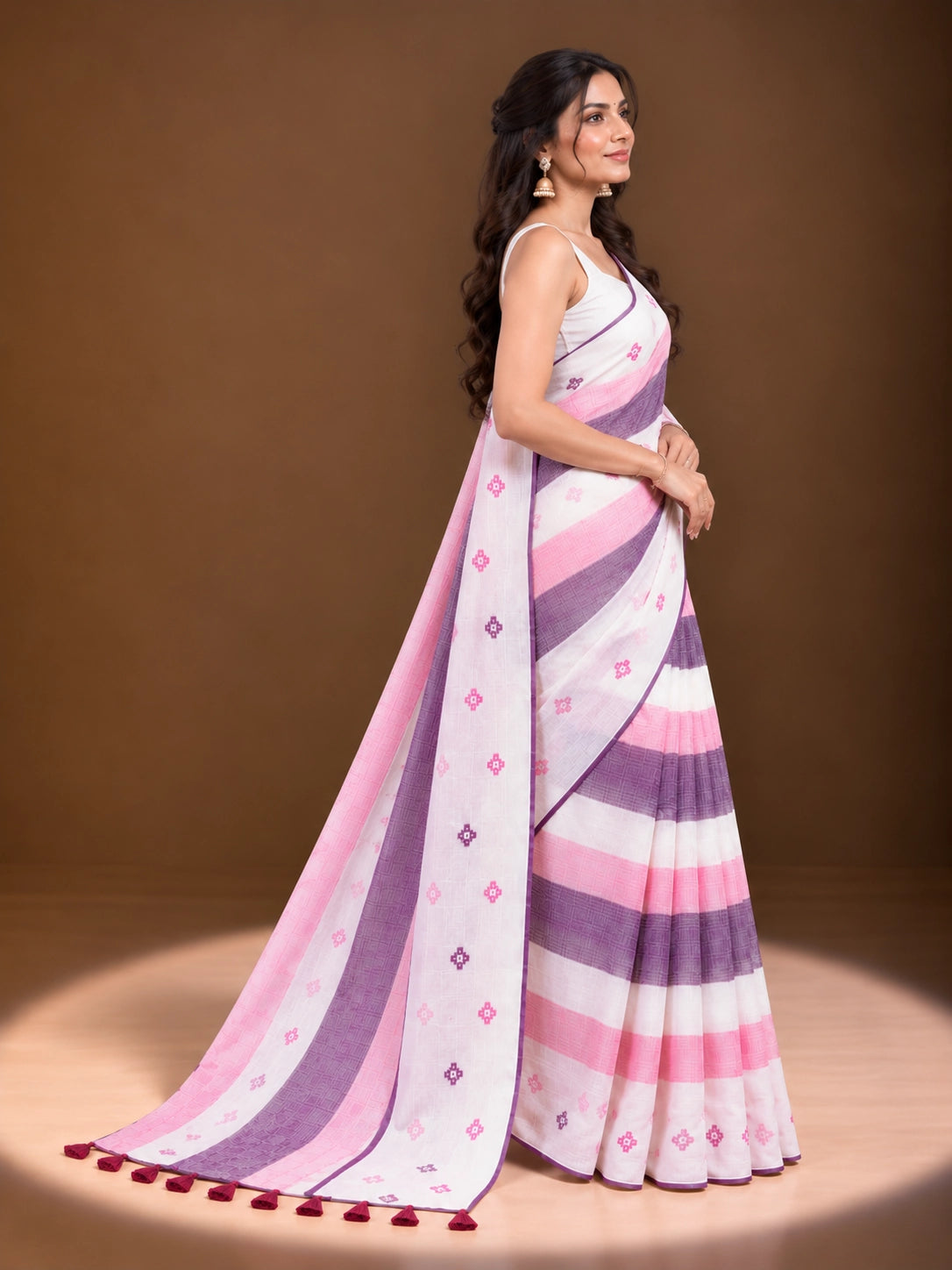 Designer Striped Cotton Saree with Floral Motifs & Contrast Border