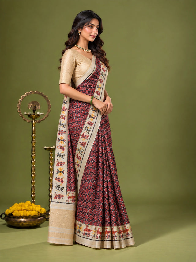 Elegant Purple Ikat Saree  with Golden Blouse