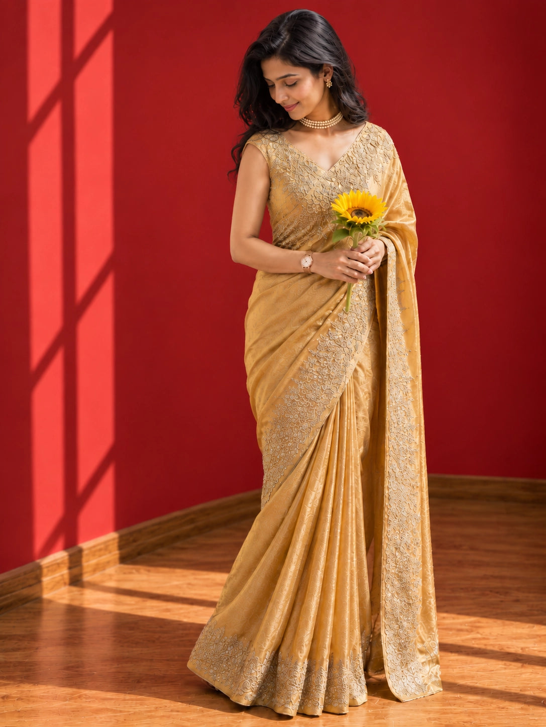 Luxurious Mustard  Embroidered Saree for Elegant Occasions