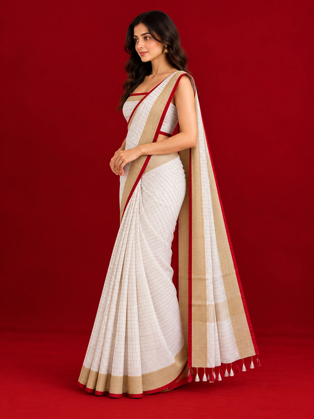 Elegant Checkered Woven Saree with Contrast Border & Tassel Detailing