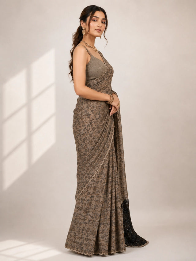 Elegant Cream  Printed Saree with Gold Blouse and Embellished Pallu