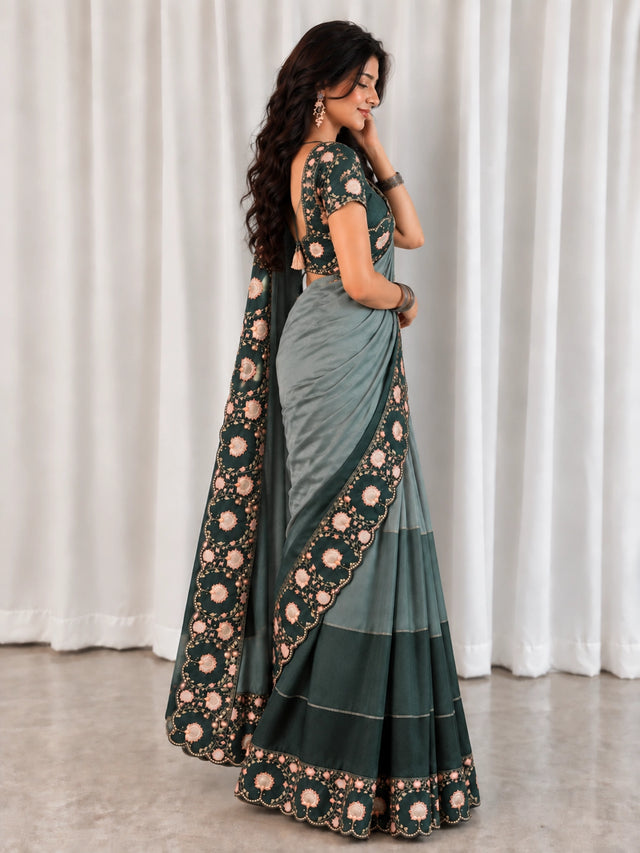 Elegant Green Embroidered Saree  with Floral Border