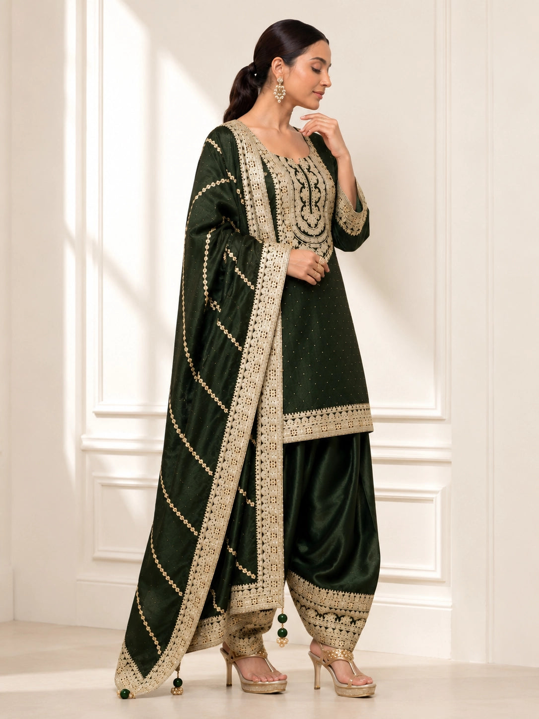 Mehendi Embroidered Kurti Set with Dupatta & Patiala Pants