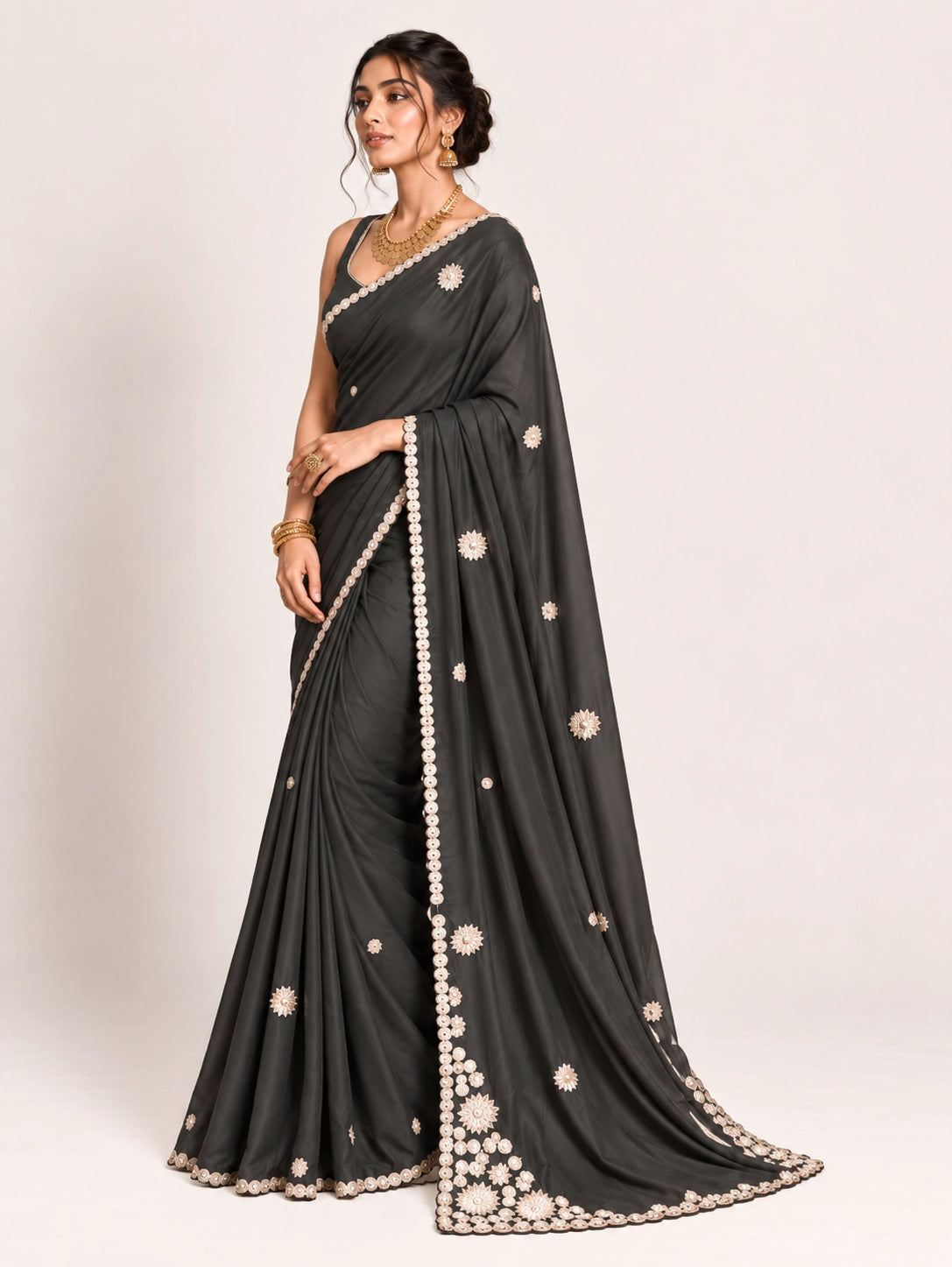 Grey Embroidered Saree with Pearl Lace Border