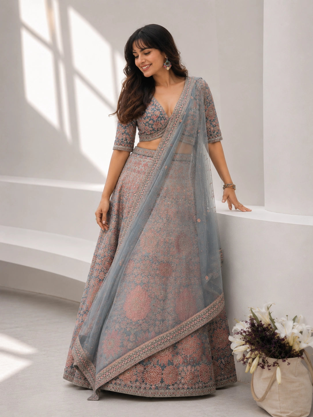 Grey Floral Woven Lehenga Set with Embroidered Blouse & Soft Net Dupatta