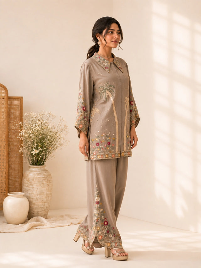 Beige Embroidered Kurta Palazzo Set | Elegant Festive Wear