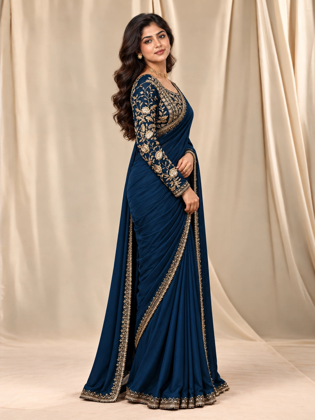 Blue Designer Saree with Intricate Golden Embellished Border