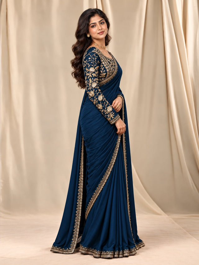 Blue Designer Saree with Intricate Golden Embellished Border