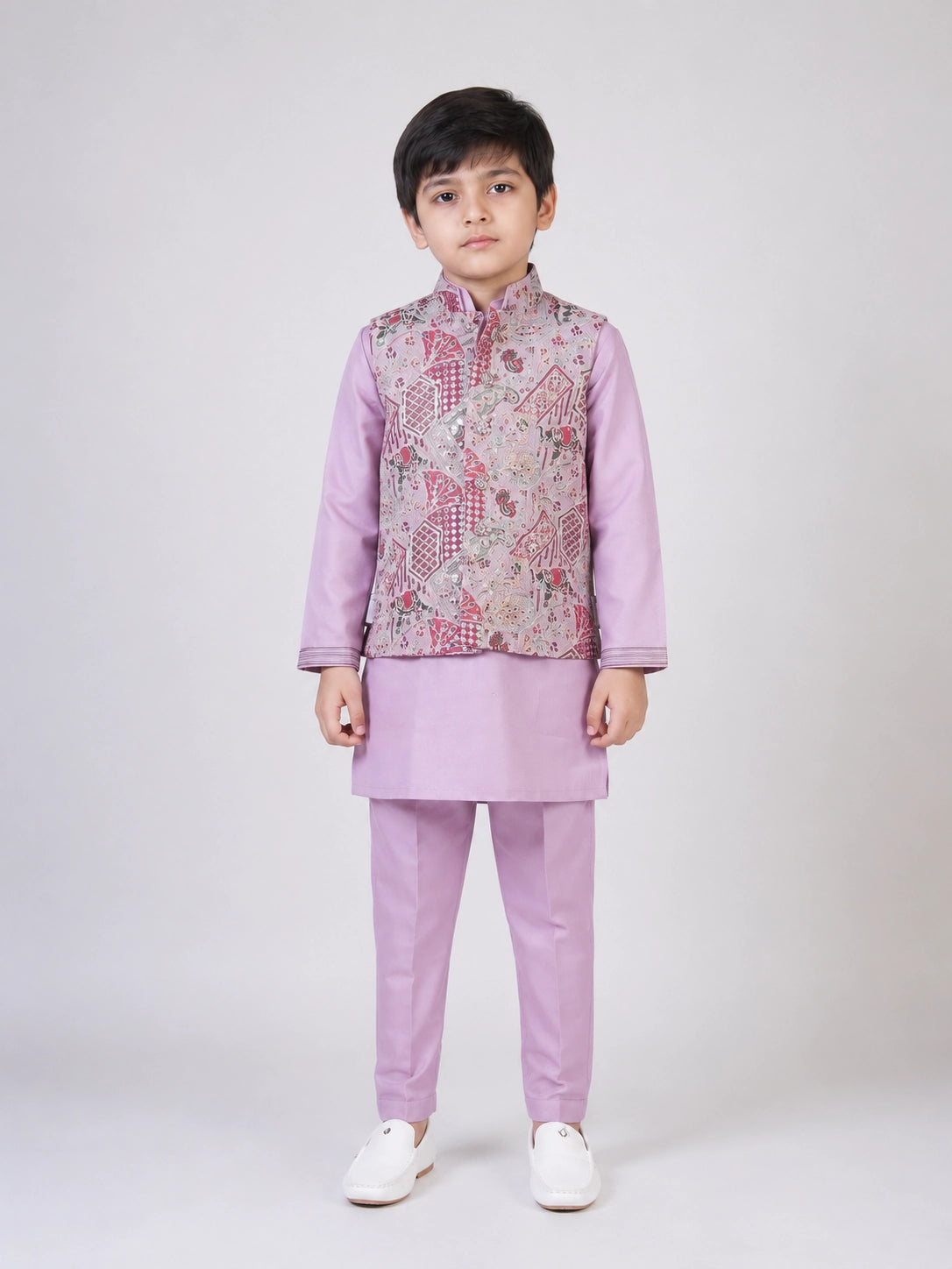 Lavender Printed Kurta Set with Nehru Jacket for Boys – Festive Ethnic Wear