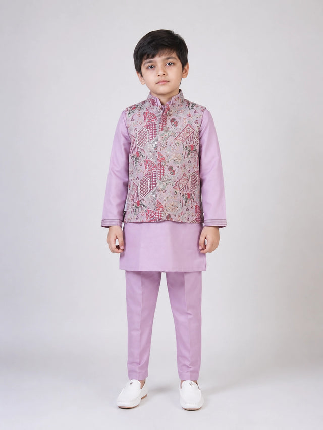 Lavender Printed Kurta Set with Nehru Jacket for Boys – Festive Ethnic Wear