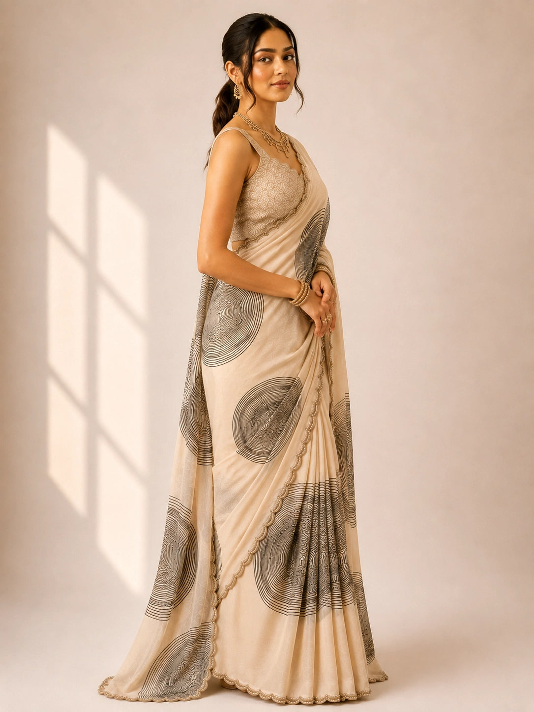 Elegant Cream  Saree with Abstract Wave Print and Embellished Blouse