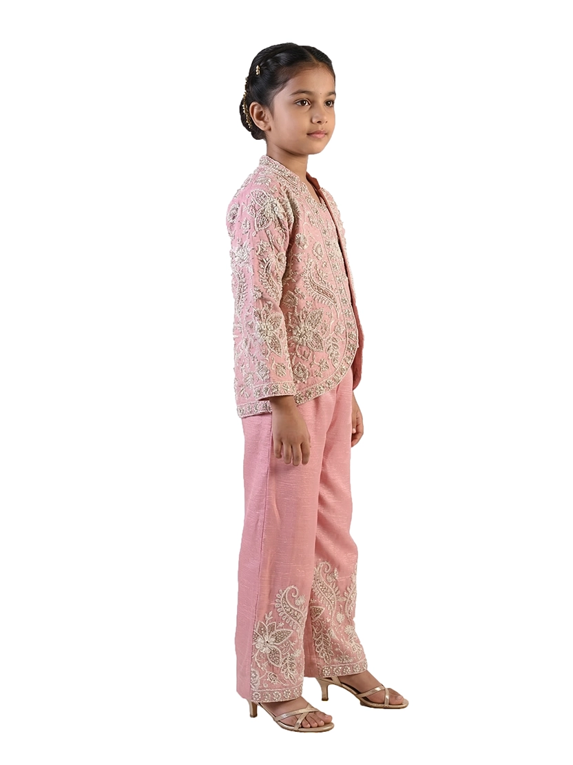 pink embroidered co ord set for girls with jacket and pants satin crepe party wear kids outfit