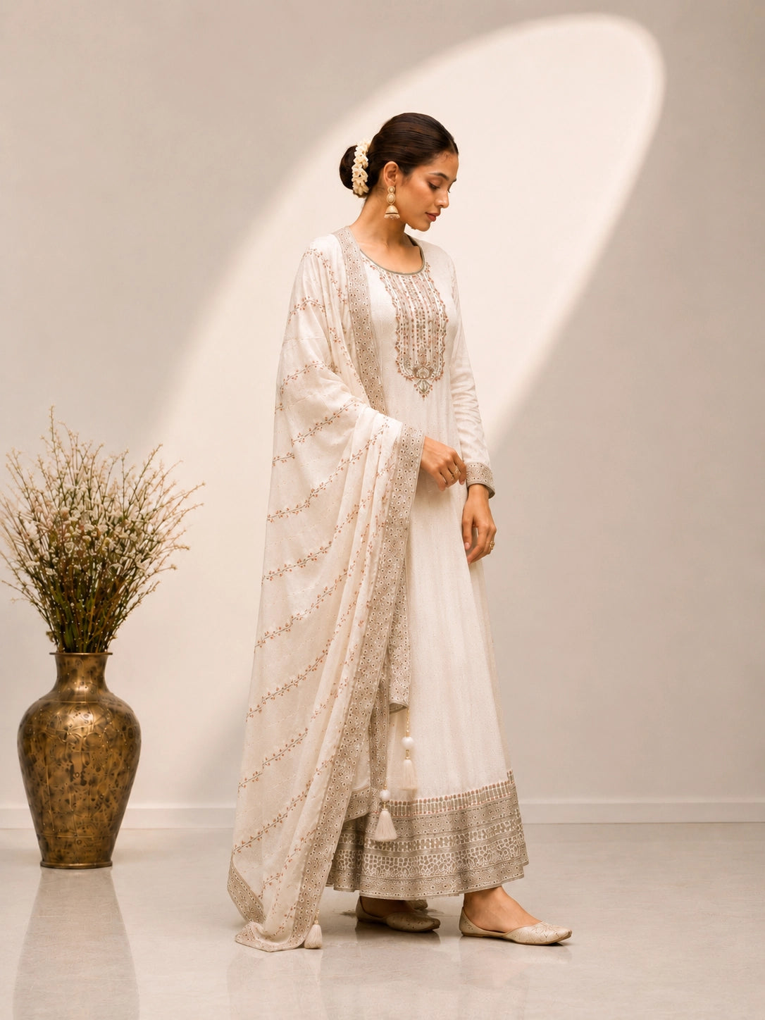 Elegant Ivory Embroidered Anarkali Suit Set
