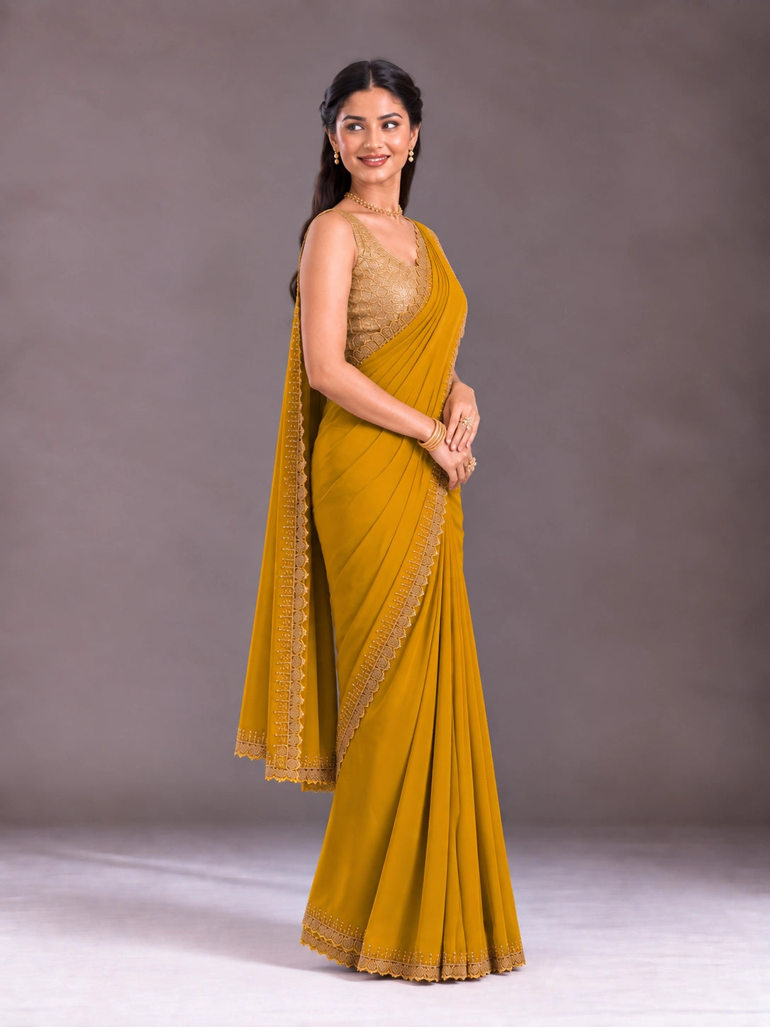Elegant Mustard Saree with Delicate Embroidered Border