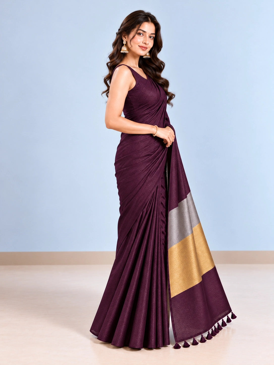 Elegant Woven Saree with Gold & Silver Border | Designer Saree for Women
