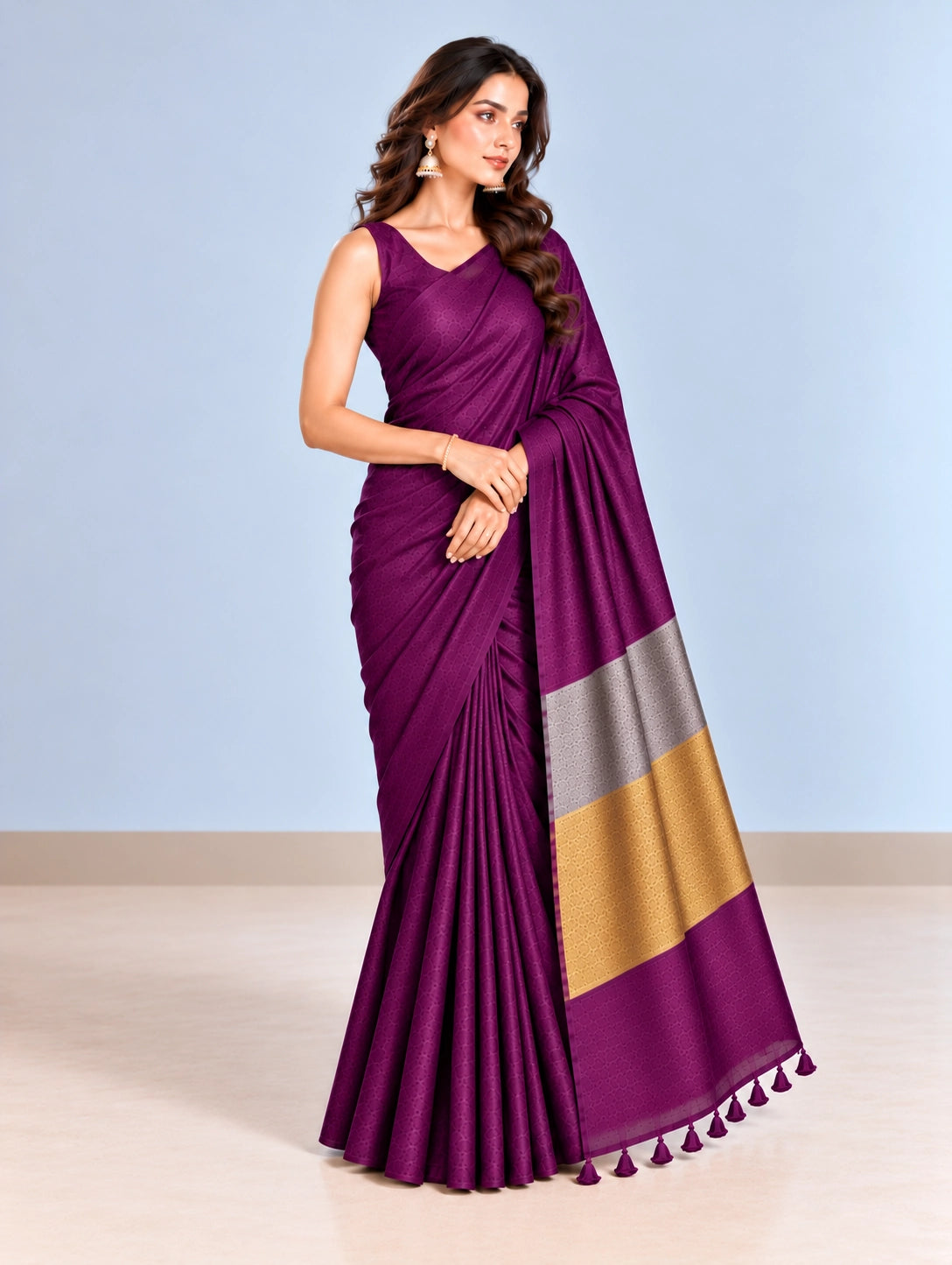 Elegant Woven Saree with Gold & Silver Border | Designer Saree for Women