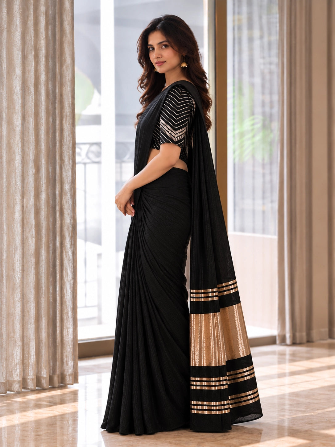Designer Saree with Embroidered Border & Matching Blouse