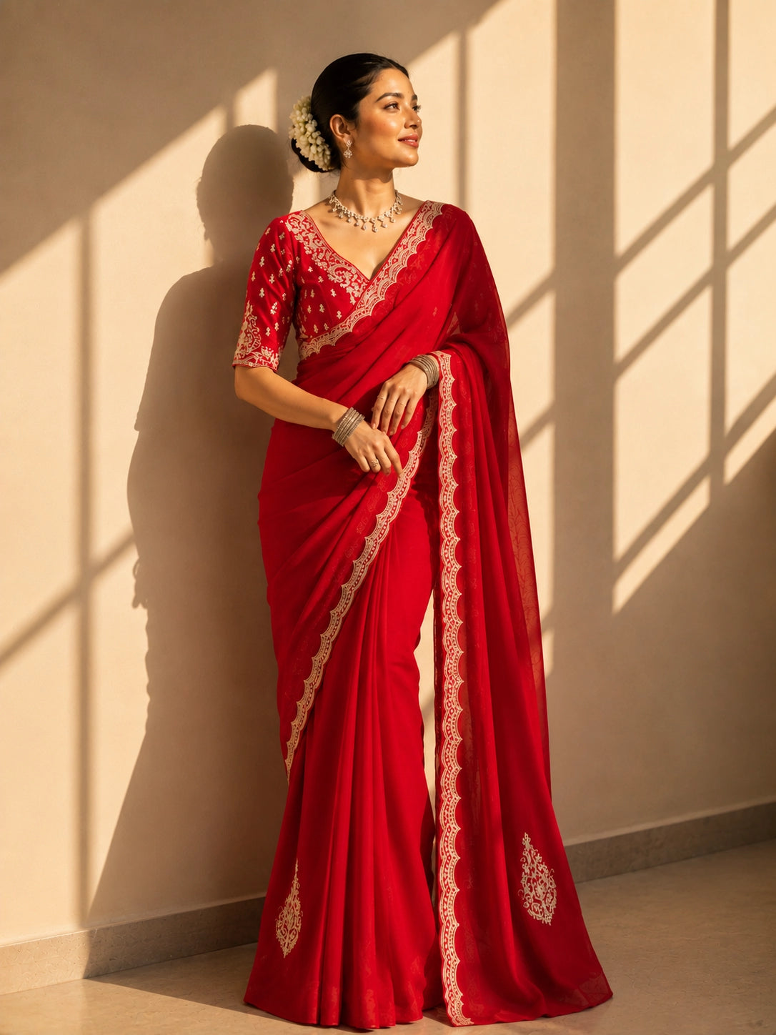 Elegant Red Embroidered Saree with Designer Lace Border | Wedding & Party Wear Saree
