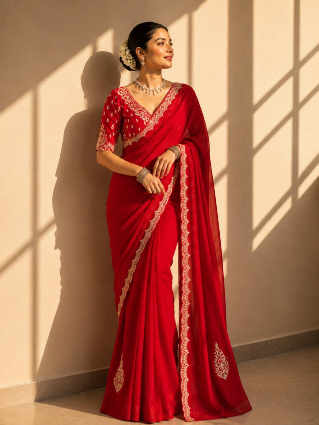 Elegant Red Embroidered Saree with Designer Lace Border | Wedding & Party Wear Saree
