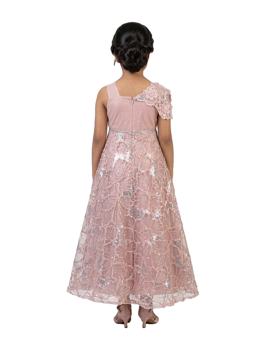 peach embellished party gown for girls with floral lace design crepe satin kids dress