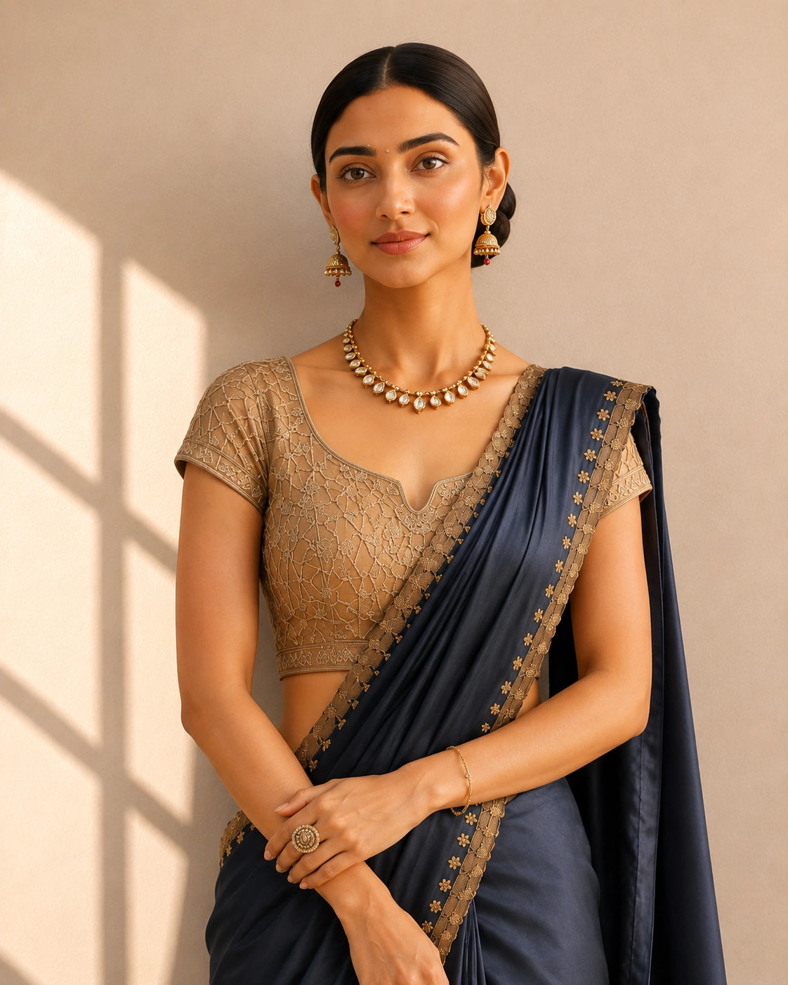 Sophisticated Grey Saree with Intricate Golden Border