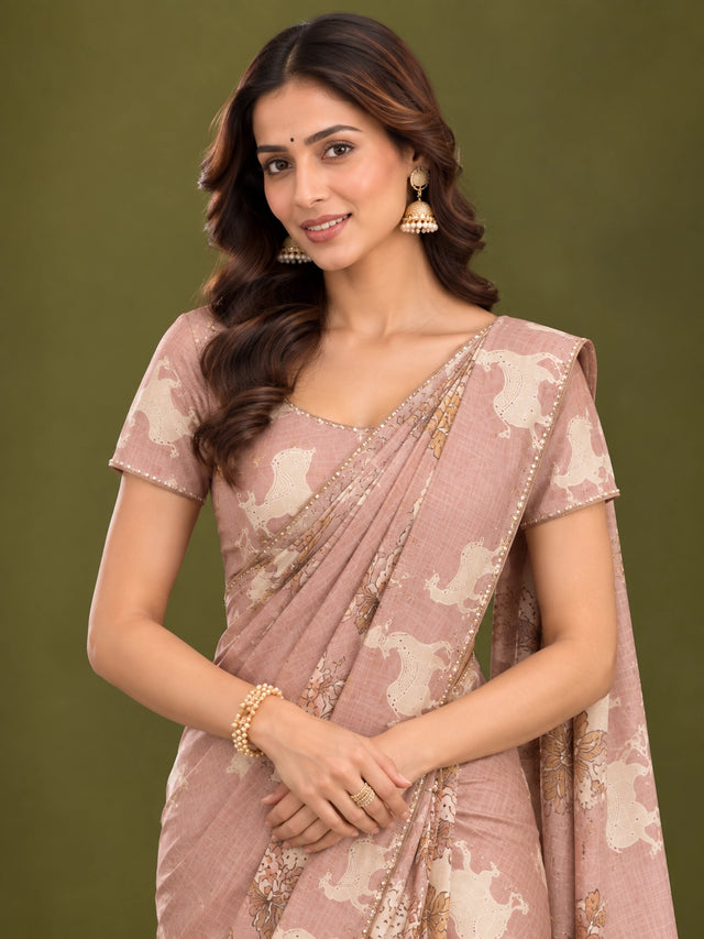 Elegant  Peach Floral Saree with Shimmering Golden Blouse