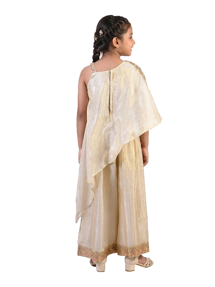 fawn embellished ethnic co ord set for girls with cape style top and pants tissue silk festive wear