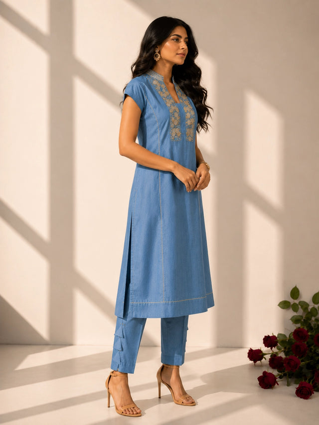 Sky Blue Embroidered Cotton Kurta Set for Women | Straight Kurta with Pants