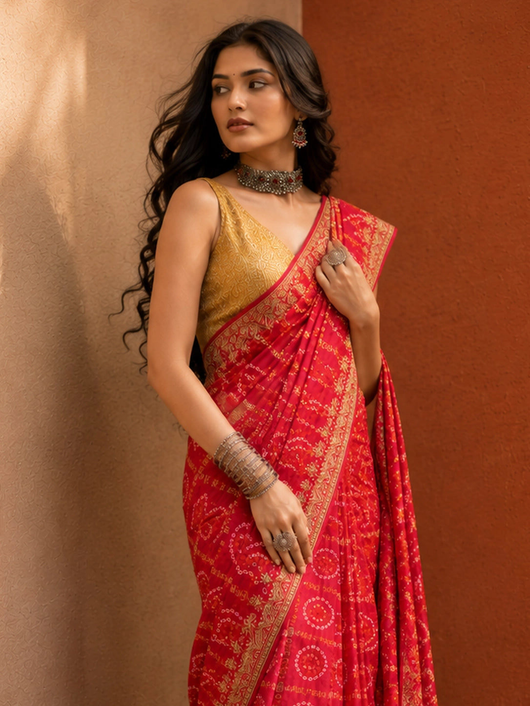 Traditional Red Bandhej Saree with Golden Print Work