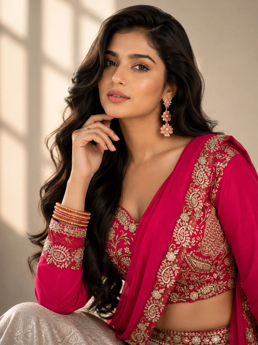 Rani Pink Embroidered Lehenga Set with Champagne Gold Skirt & Dupatta