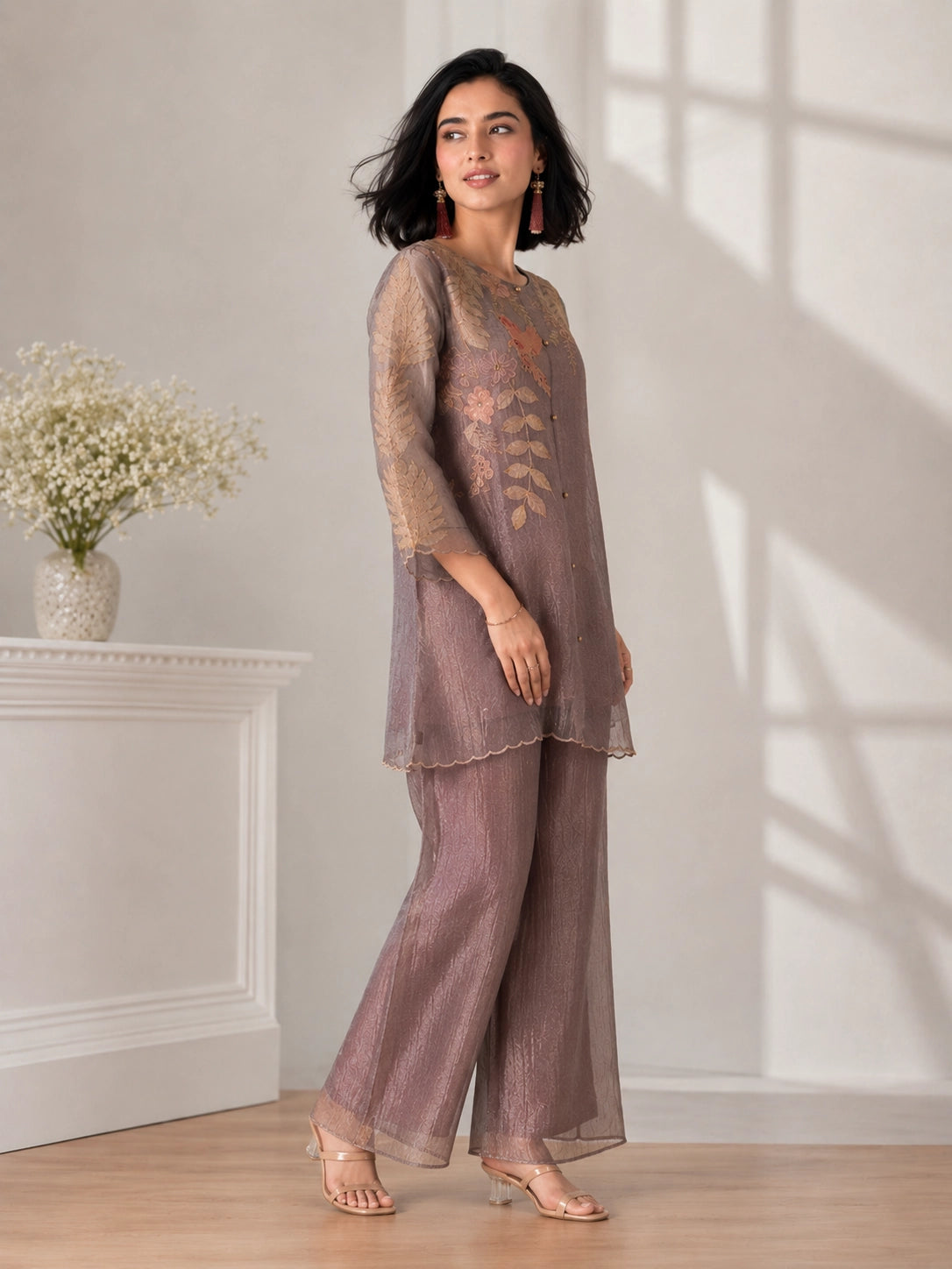 Elegant Brown Embroidered Sharara with Leaf Motifs