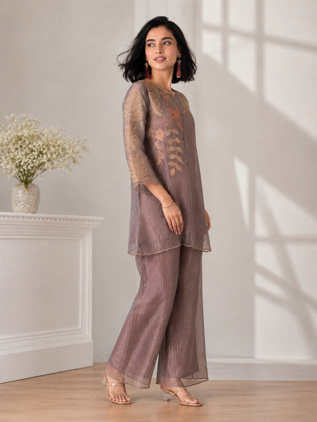 Elegant Brown Embroidered Sharara with Leaf Motifs