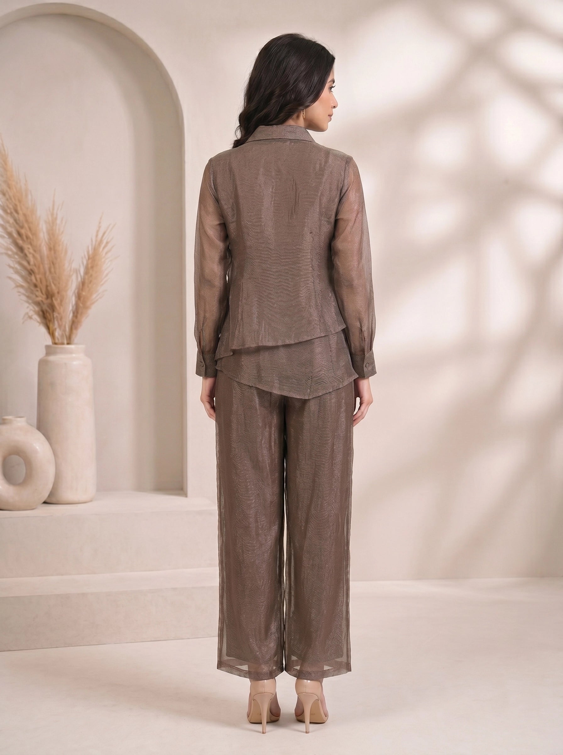 Elegant Grey Sheer Co-ord Set with Statement Neckline Embellishment