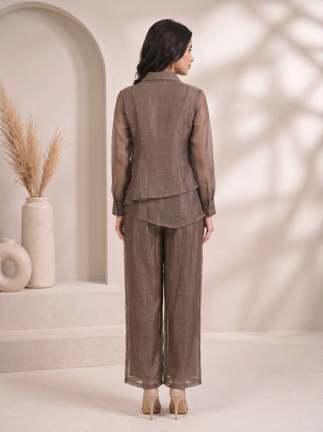 Elegant Grey Sheer Co-ord Set with Statement Neckline Embellishment