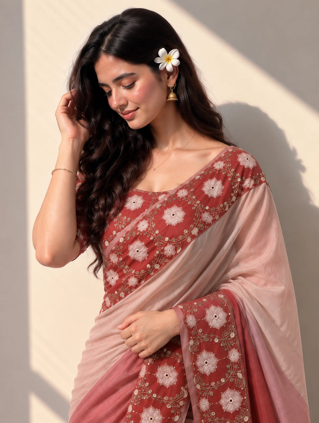 Elegant Red Ombre Saree  with Intricate Floral Embroidery