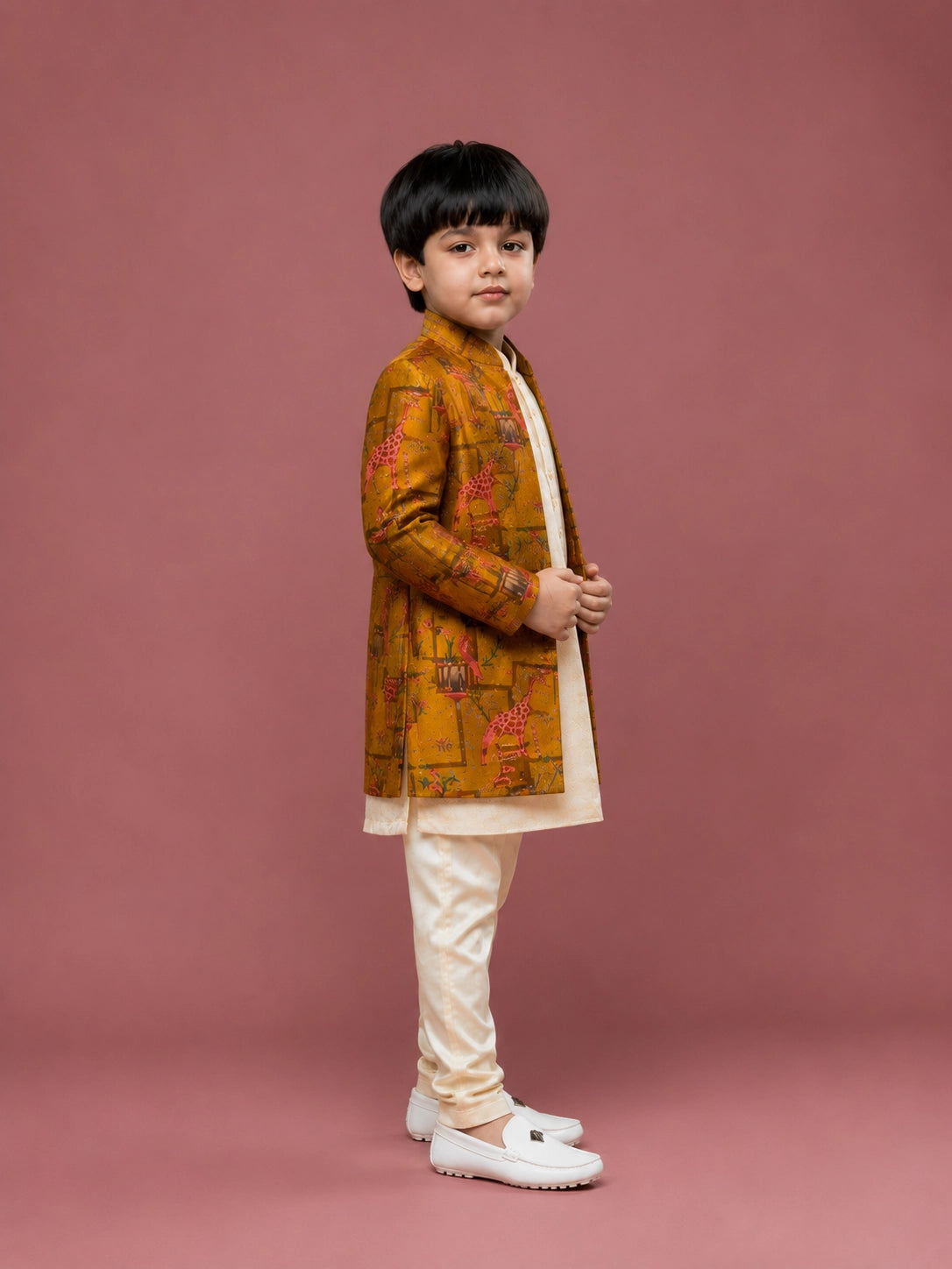 Boys Yellow Brocade Indo-Western Sherwani Set with Cream Kurta & Pajama