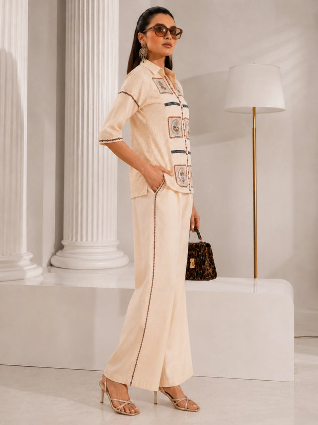 Elegant Cream Embroidered Shirt and Wide-Leg Pants Set