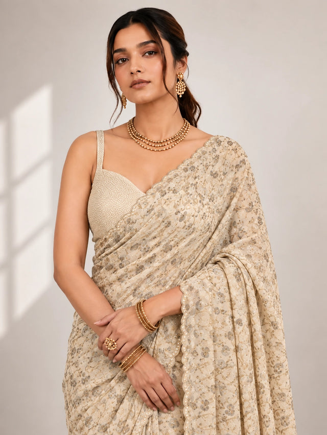 Elegant Cream  Printed Saree with Gold Blouse and Embellished Pallu
