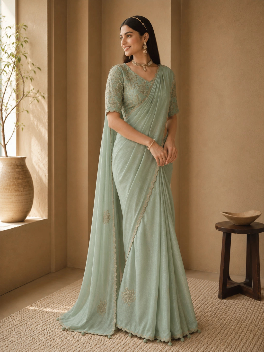 Sky Blue Embroidered Designer Saree with Sequins Work | Party & Wedding Wear Saree